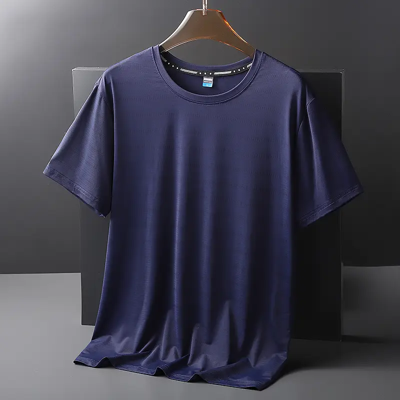 Men Ice Silk Round Neck T-Shirt Black Teal - Image 8