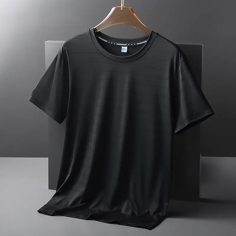 Men Ice Silk Round Neck T-Shirt Black Teal - Image 9
