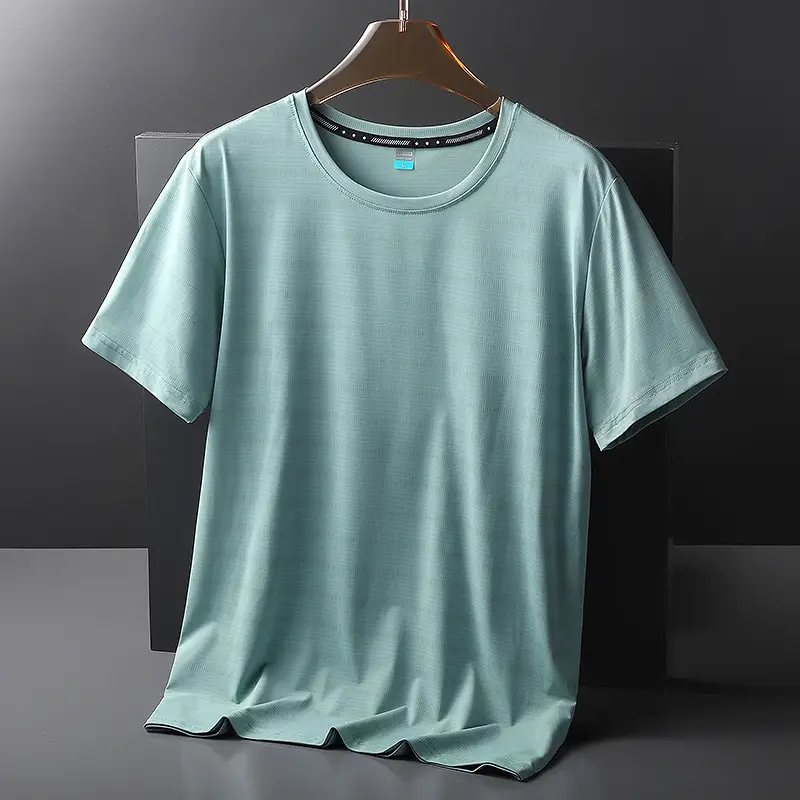 Men Ice Silk Round Neck T-Shirt Black Teal - Image 10