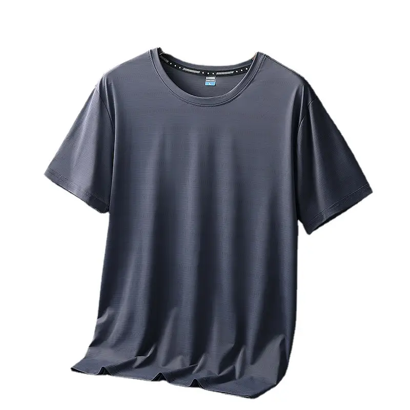 Men Ice Silk Round Neck T-Shirt Black Teal - Image 11