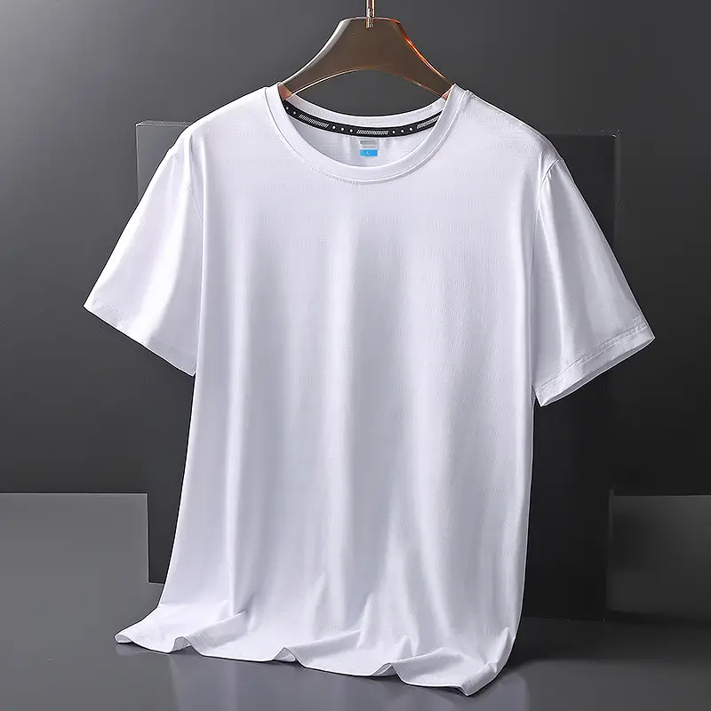 Men Ice Silk Round Neck T-Shirt Black Teal - Image 2