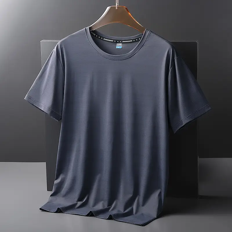 Men Ice Silk Round Neck T-Shirt Black Teal - Image 4