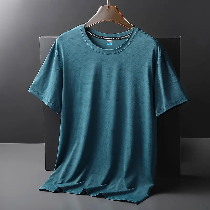 Men Ice Silk Round Neck T-Shirt Black Teal - Image 5