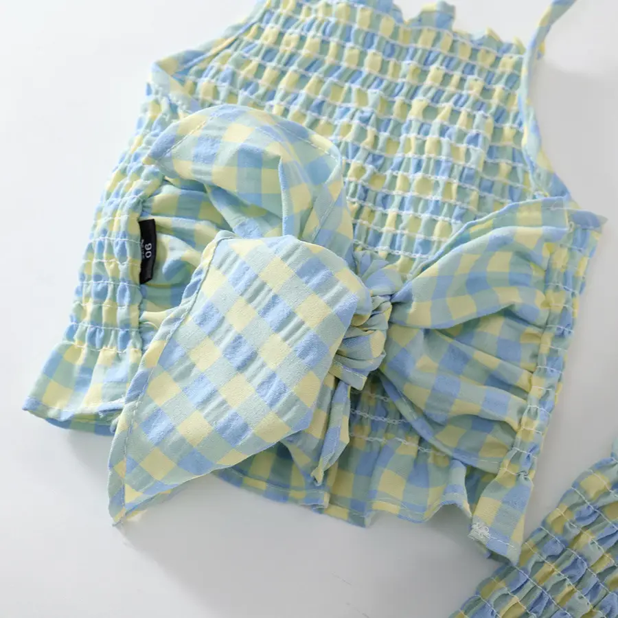 Kids Plaid Suit Blue Yellow Summer Backless Top Flared Pants - Image 4