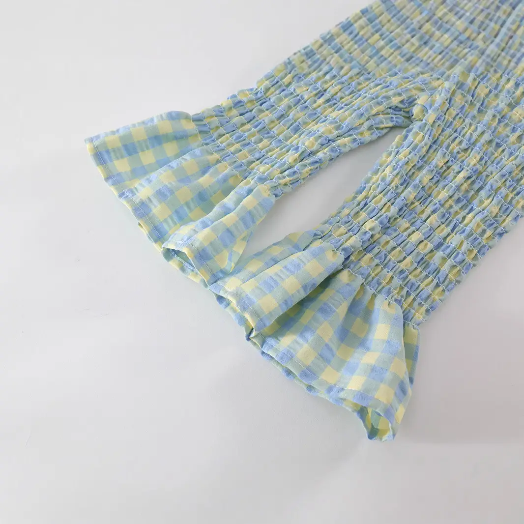 Kids Plaid Suit Blue Yellow Summer Backless Top Flared Pants - Image 5