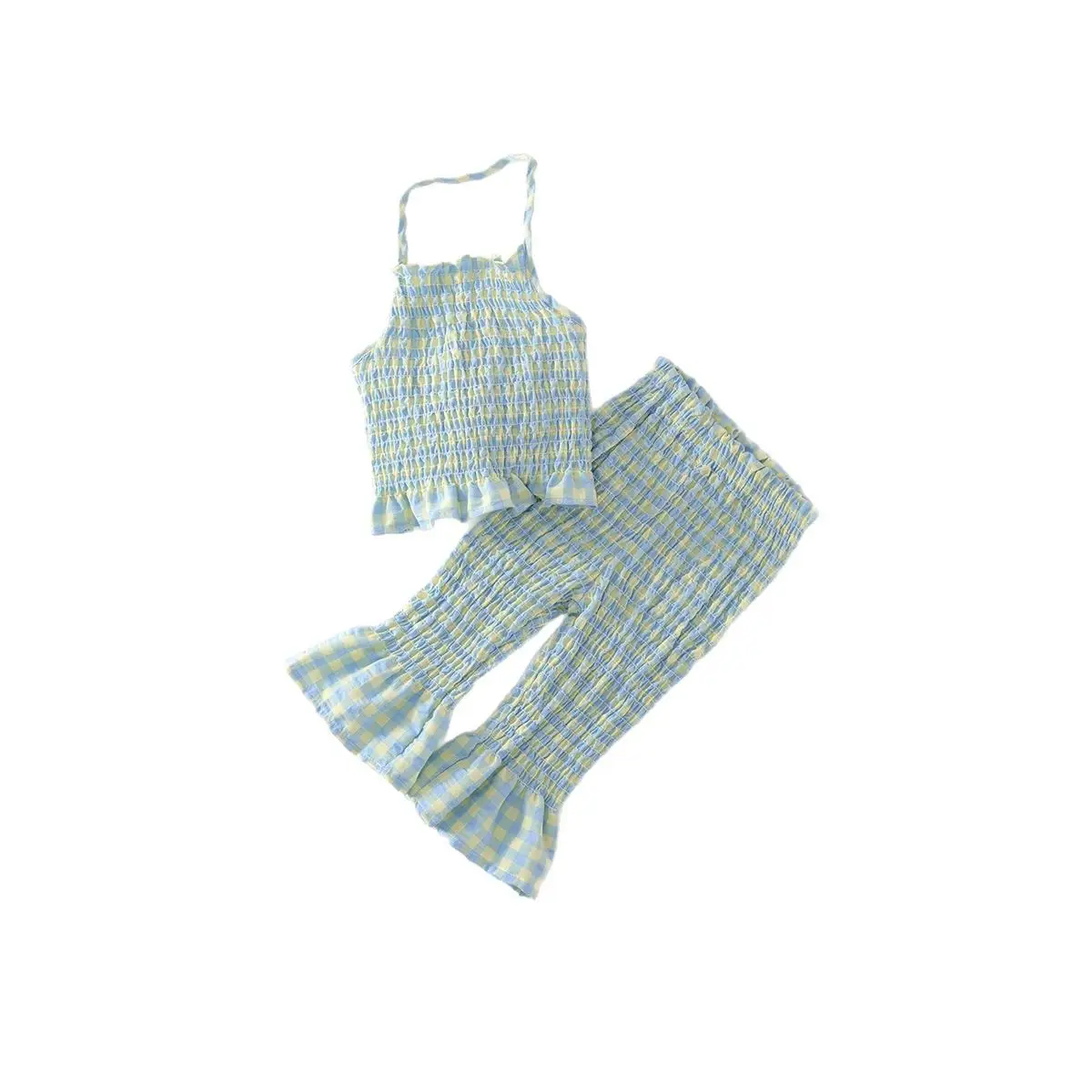 Kids Plaid Suit Blue Yellow Summer Backless Top Flared Pants - Image 6
