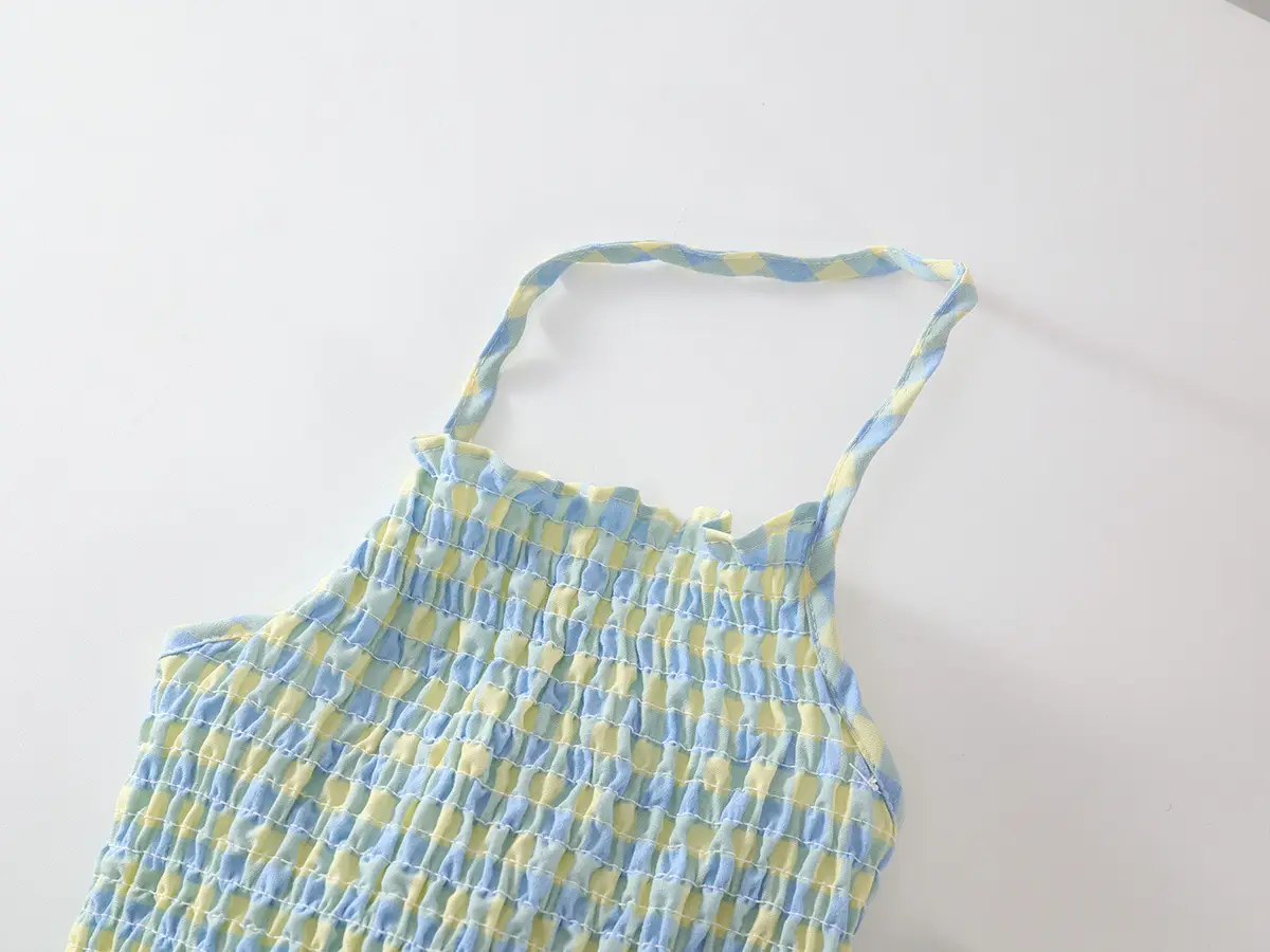 Kids Plaid Suit Blue Yellow Summer Backless Top Flared Pants — feature 10