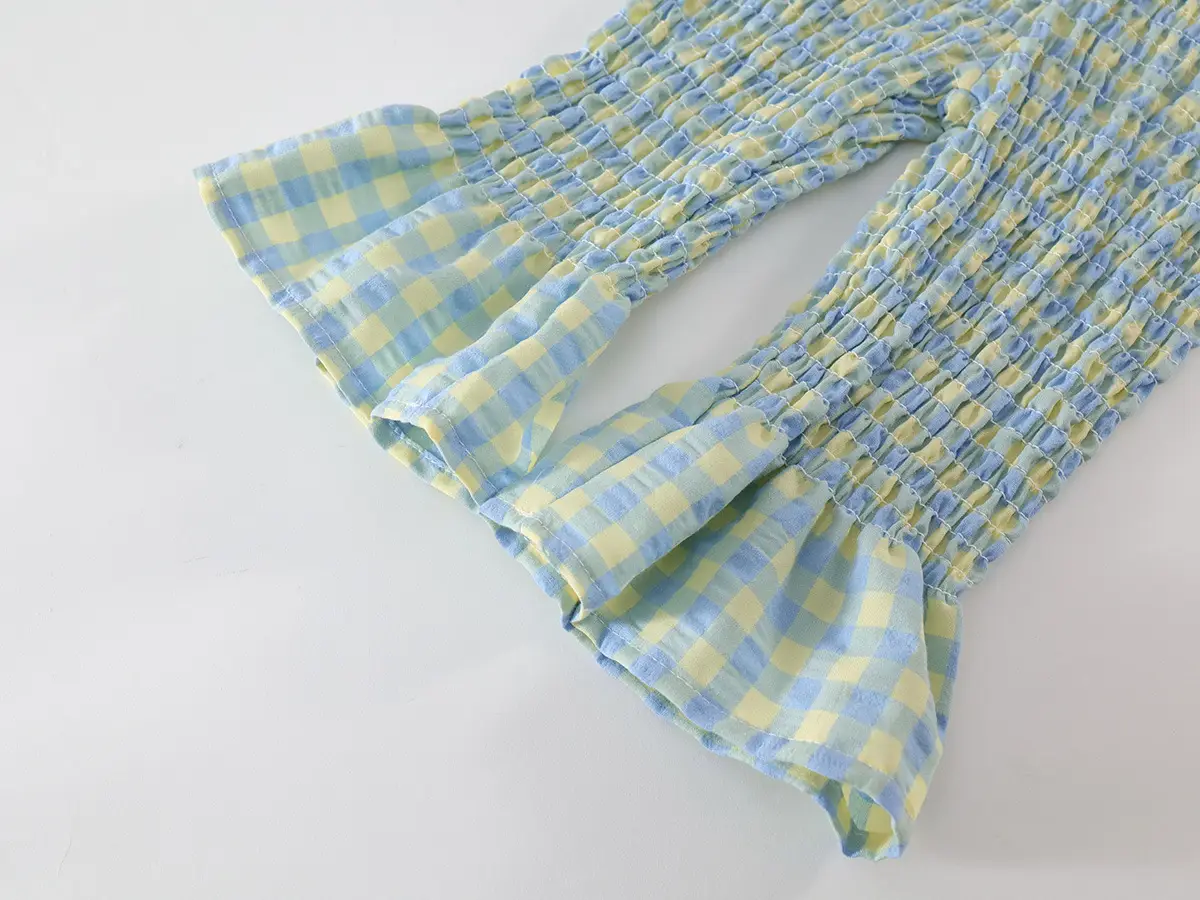 Kids Plaid Suit Blue Yellow Summer Backless Top Flared Pants — feature 14