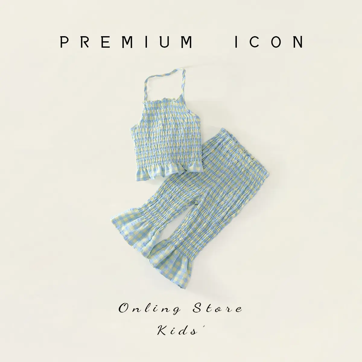 Kids Plaid Suit Blue Yellow Summer Backless Top Flared Pants — feature 2