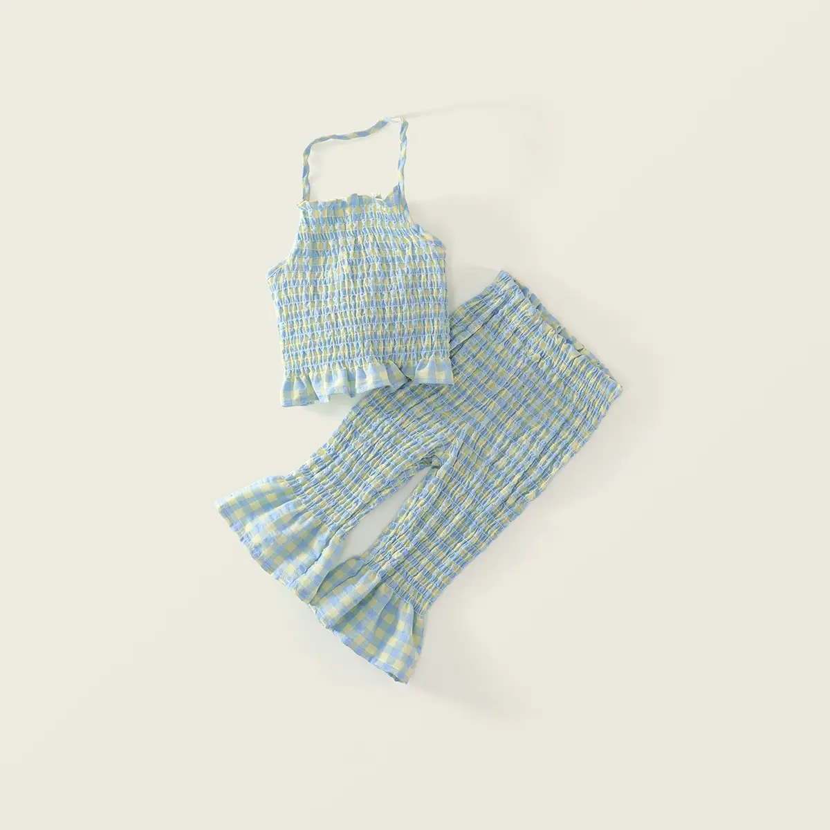 Kids Plaid Suit Blue Yellow Summer Backless Top Flared Pants — feature 6