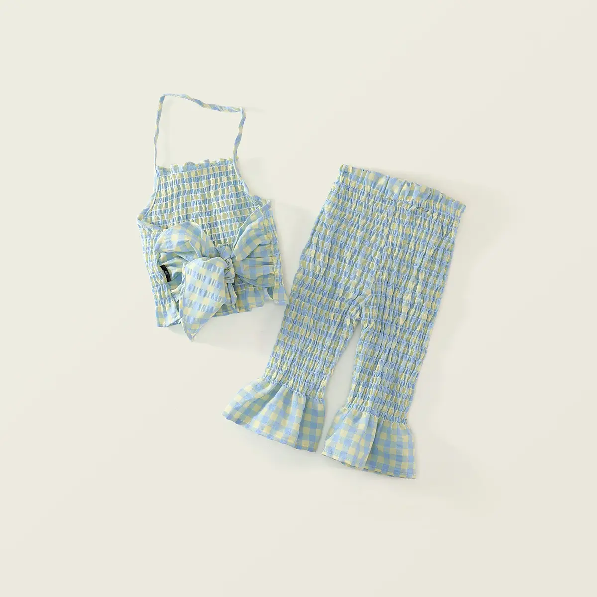 Kids Plaid Suit Blue Yellow Summer Backless Top Flared Pants — feature 7