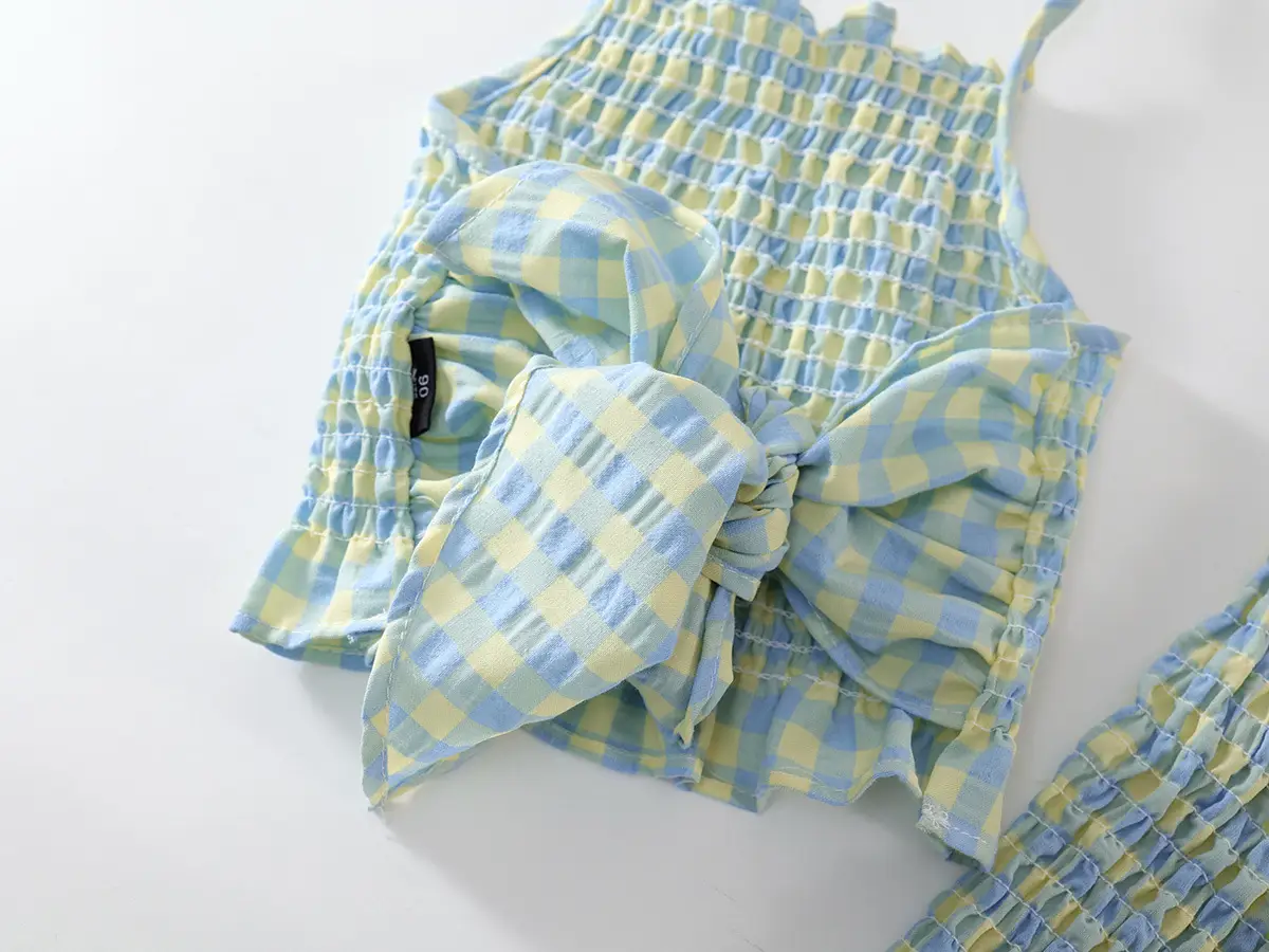 Kids Plaid Suit Blue Yellow Summer Backless Top Flared Pants — feature 9