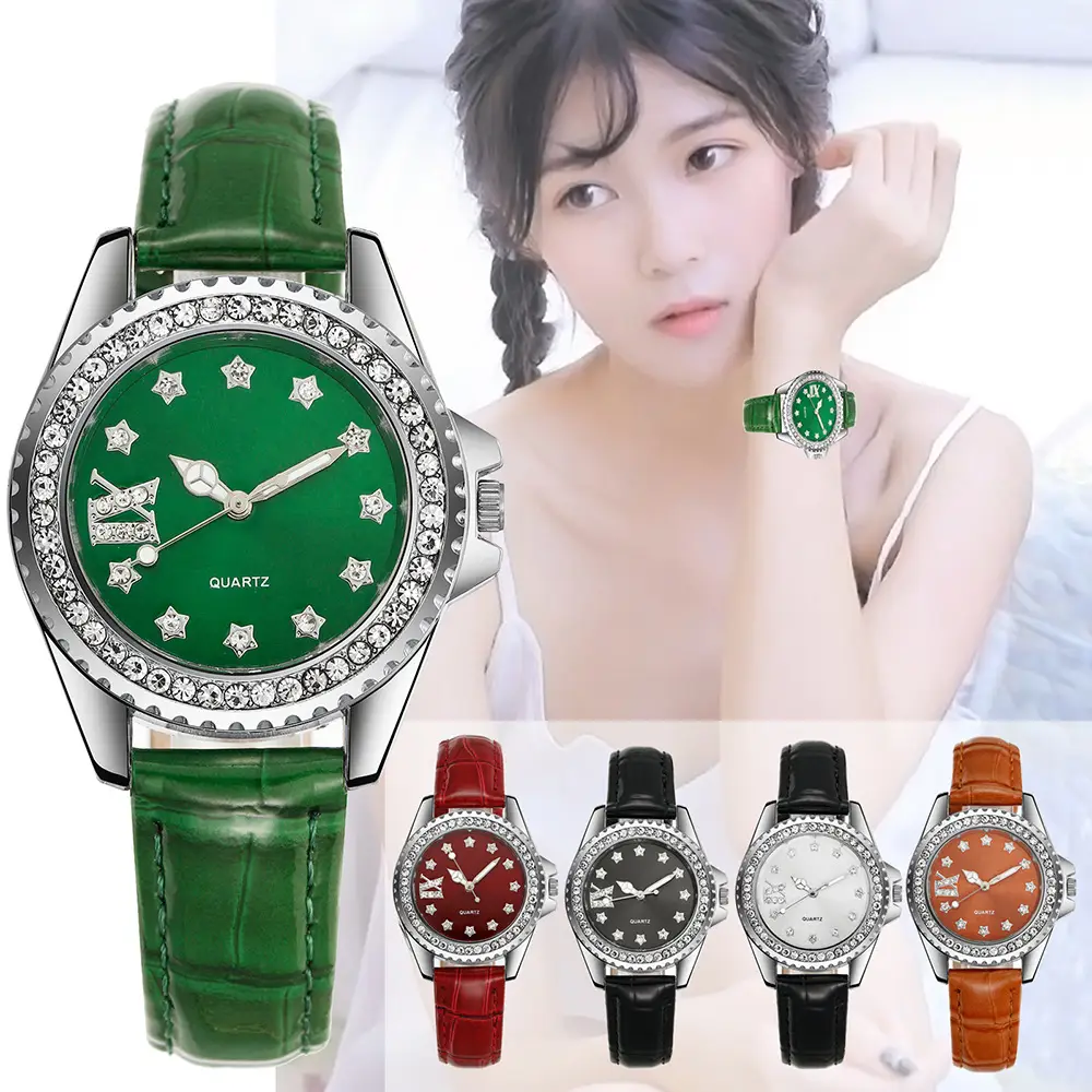 Green Star Dotted Ladies Quartz Watch with Leather Strap — feature 1