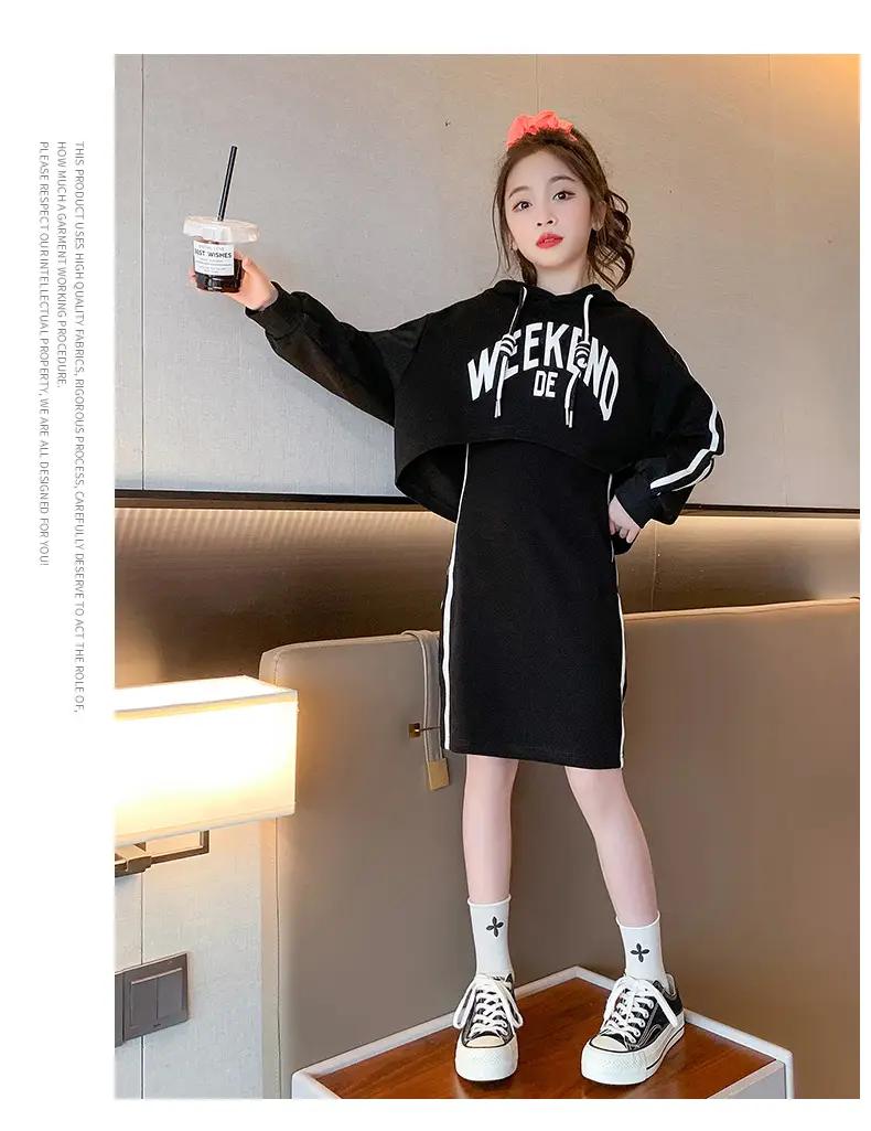 Girls' Black & White Oversized Hooded Sweatshirt Set Medium to XL — feature 13