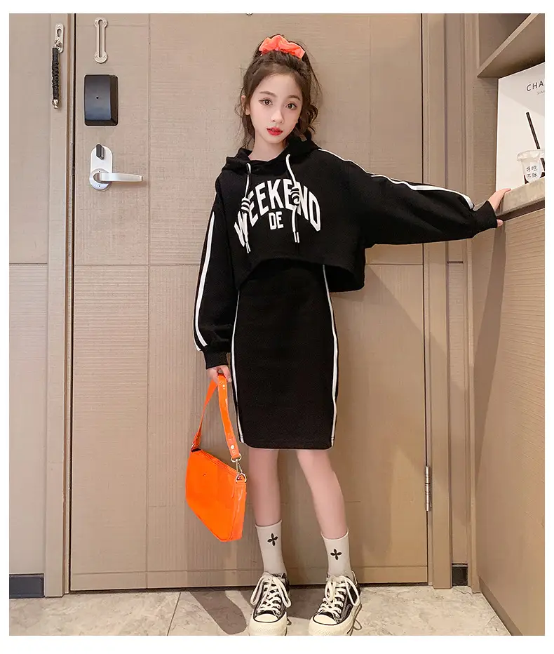 Girls' Black & White Oversized Hooded Sweatshirt Set Medium to XL — feature 16