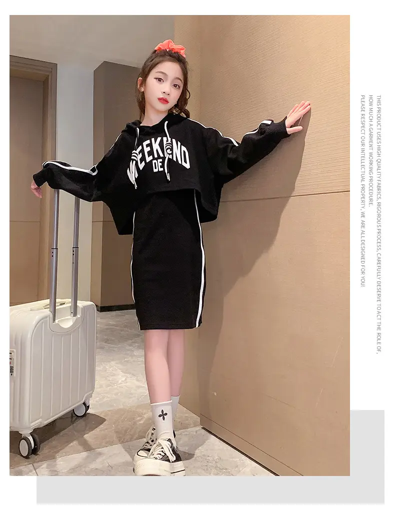 Girls' Black & White Oversized Hooded Sweatshirt Set Medium to XL — feature 17