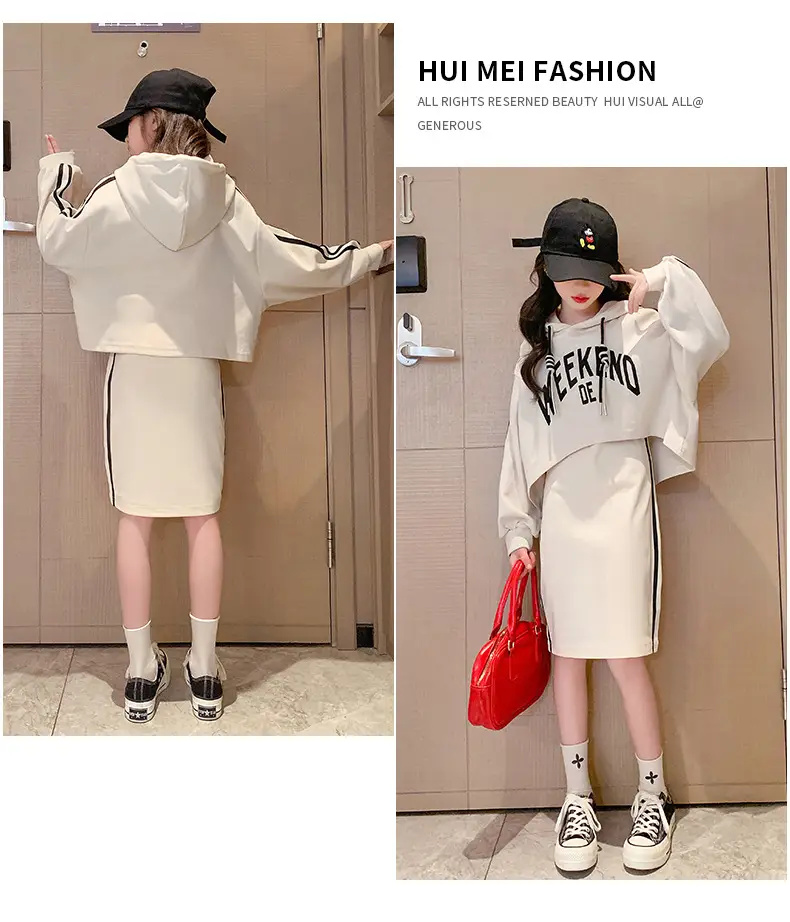 Girls' Black & White Oversized Hooded Sweatshirt Set Medium to XL — feature 9