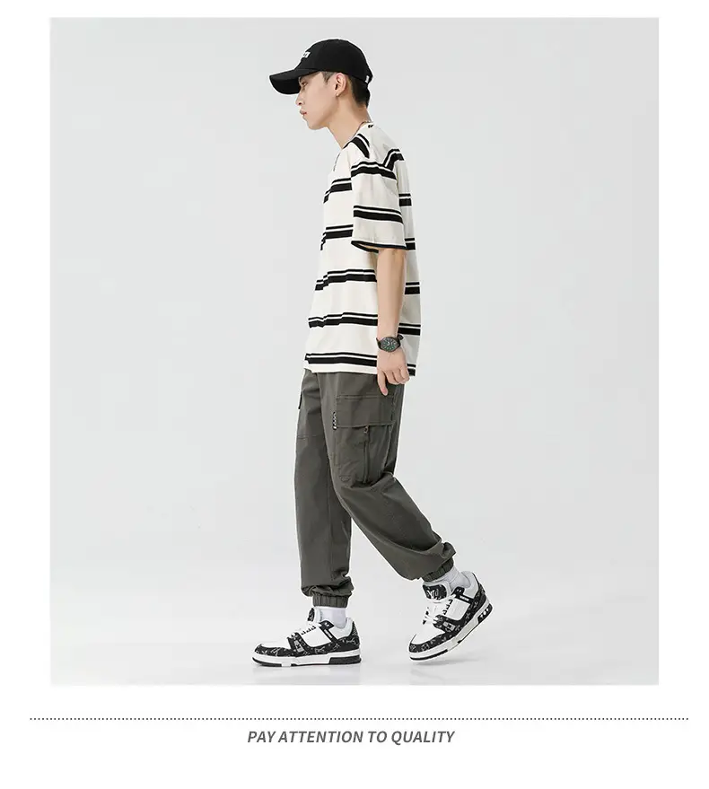 Qihaipeng Men's Japanese Striped T-Shirt Summer Loose Fit — feature 23