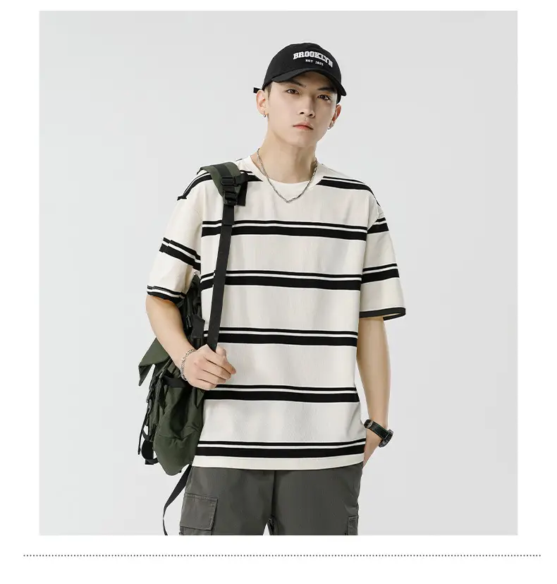 Qihaipeng Men's Japanese Striped T-Shirt Summer Loose Fit — feature 24