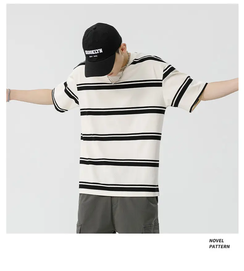 Qihaipeng Men's Japanese Striped T-Shirt Summer Loose Fit — feature 25