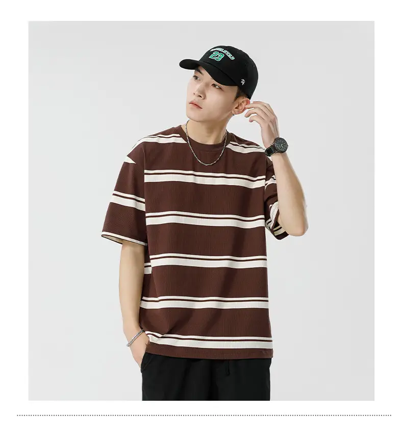 Qihaipeng Men's Japanese Striped T-Shirt Summer Loose Fit — feature 28
