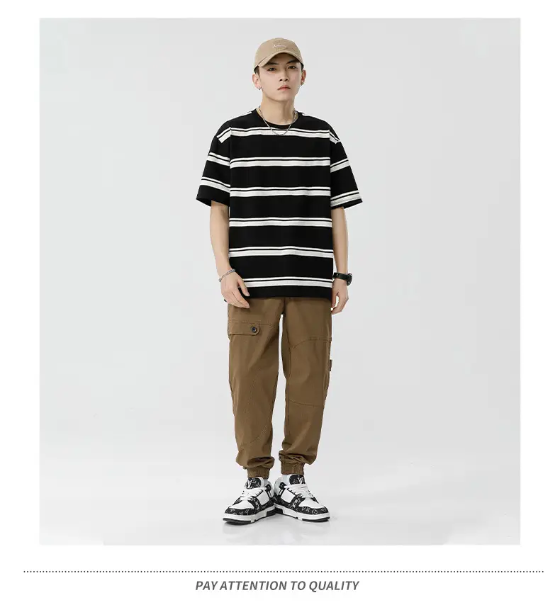 Qihaipeng Men's Japanese Striped T-Shirt Summer Loose Fit — feature 30