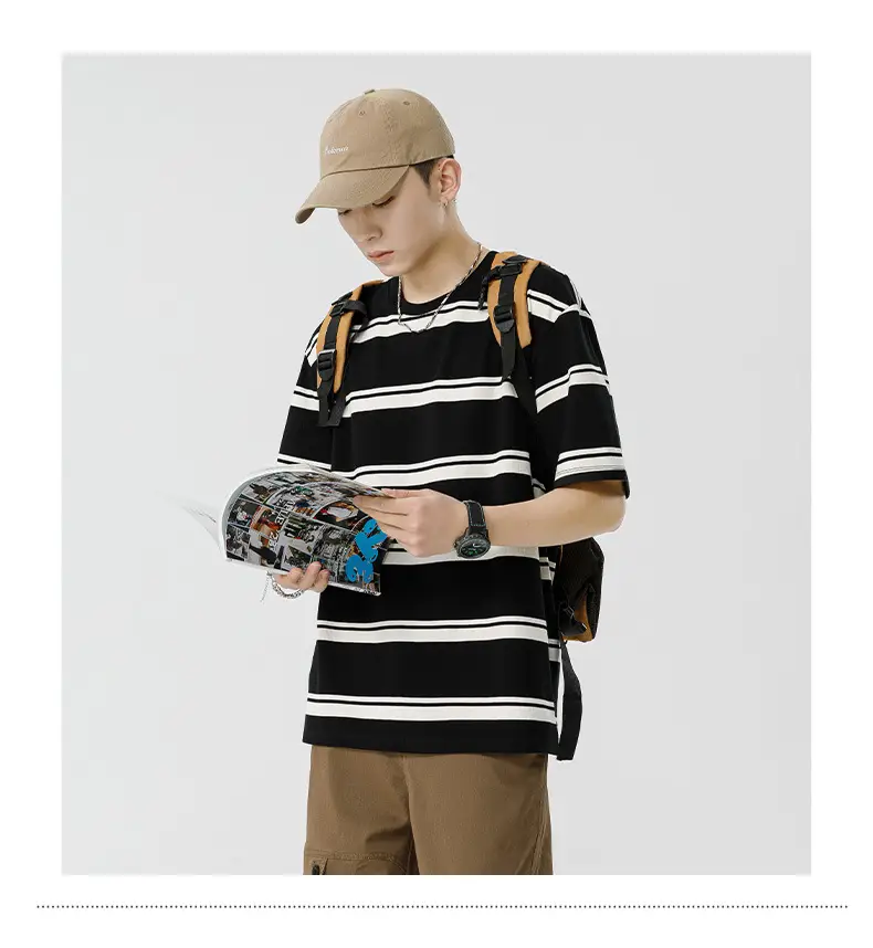 Qihaipeng Men's Japanese Striped T-Shirt Summer Loose Fit — feature 31
