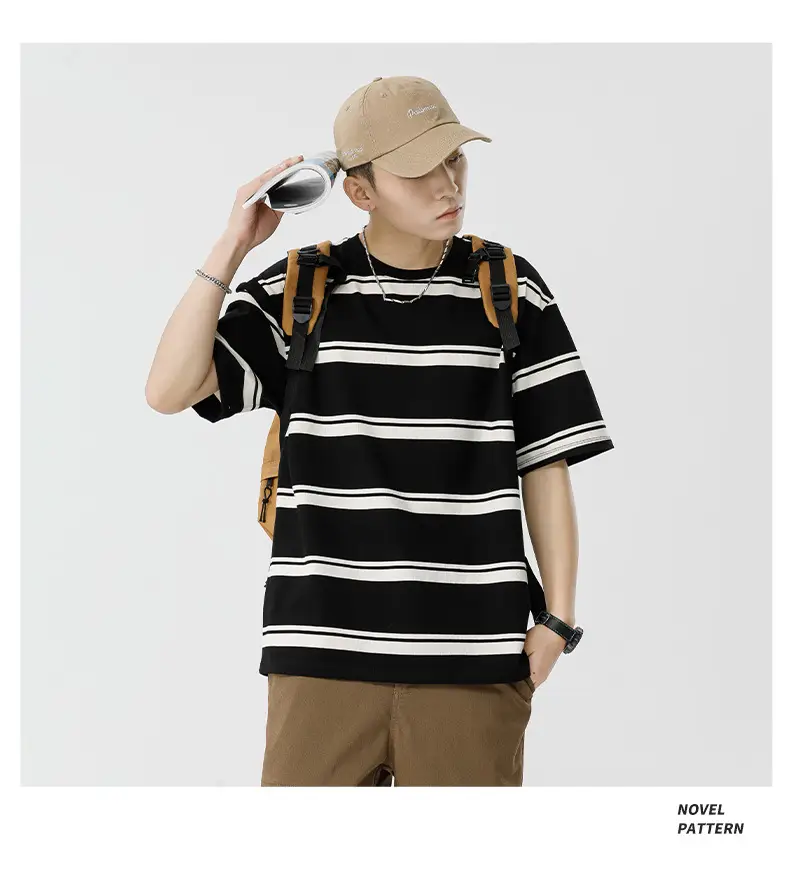 Qihaipeng Men's Japanese Striped T-Shirt Summer Loose Fit — feature 32