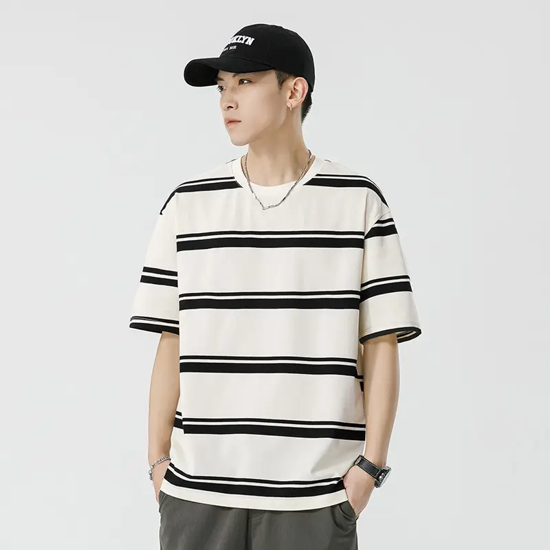 Qihaipeng Men's Japanese Striped T-Shirt Summer Loose Fit - Image 2
