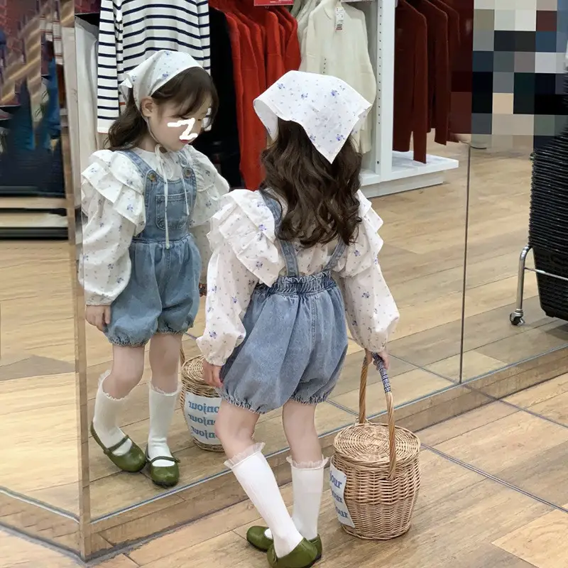 Korean Girls Floral Flying Sleeve Doll Shirt with Denim Pants Two-Piece Suit
