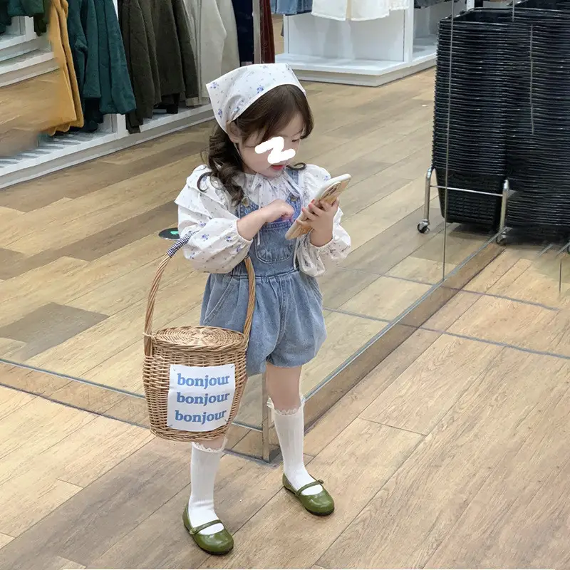 Korean Girls Floral Flying Sleeve Doll Shirt with Denim Pants Two-Piece Suit