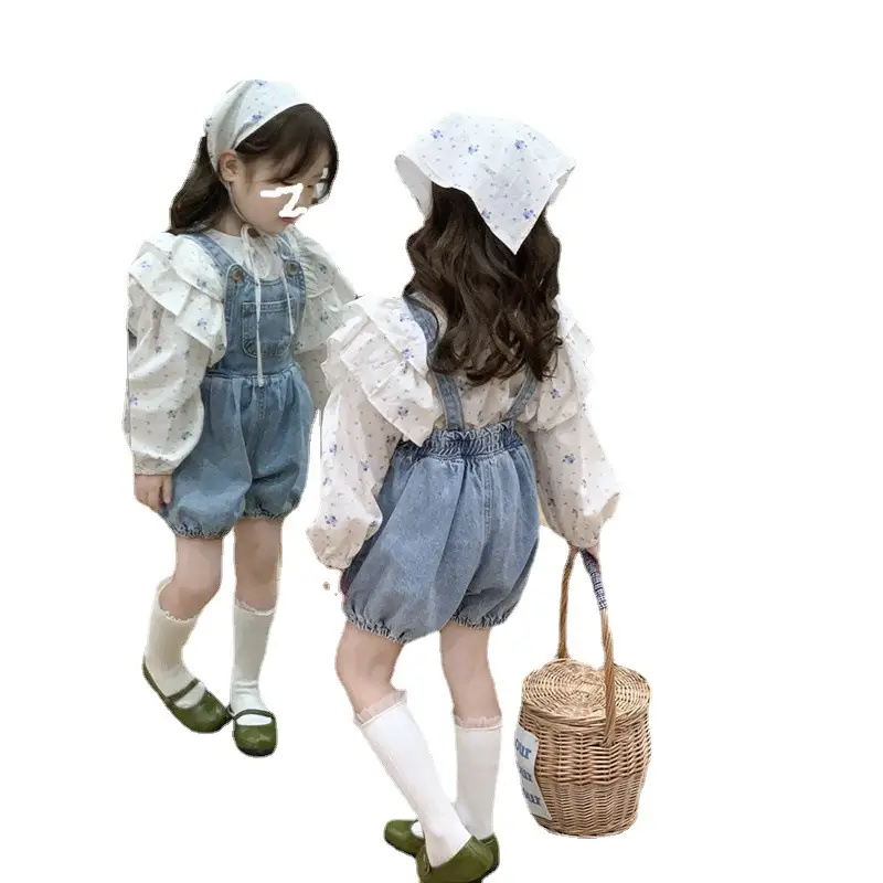 Korean Girls Floral Flying Sleeve Doll Shirt with Denim Pants Two-Piece Suit