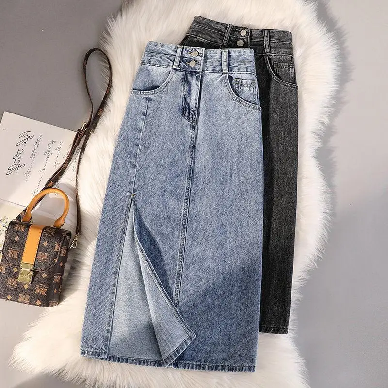 Women Denim High Waist Slim Side Slit Skirt Large - Image 2