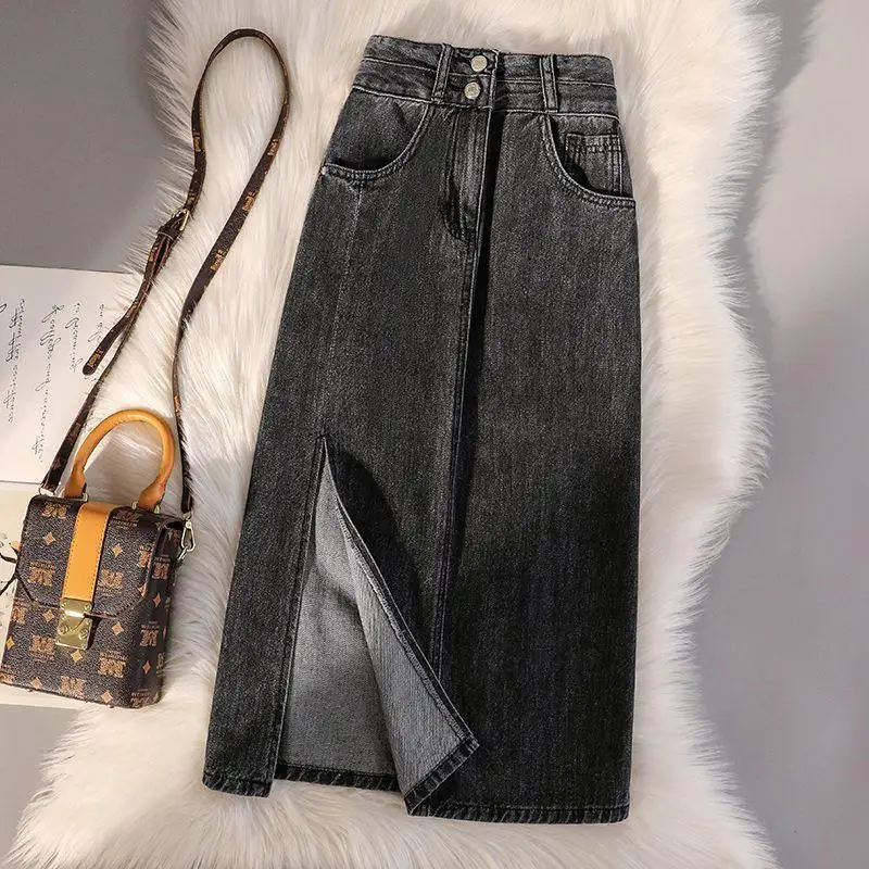 Women Denim High Waist Slim Side Slit Skirt Large - Image 3