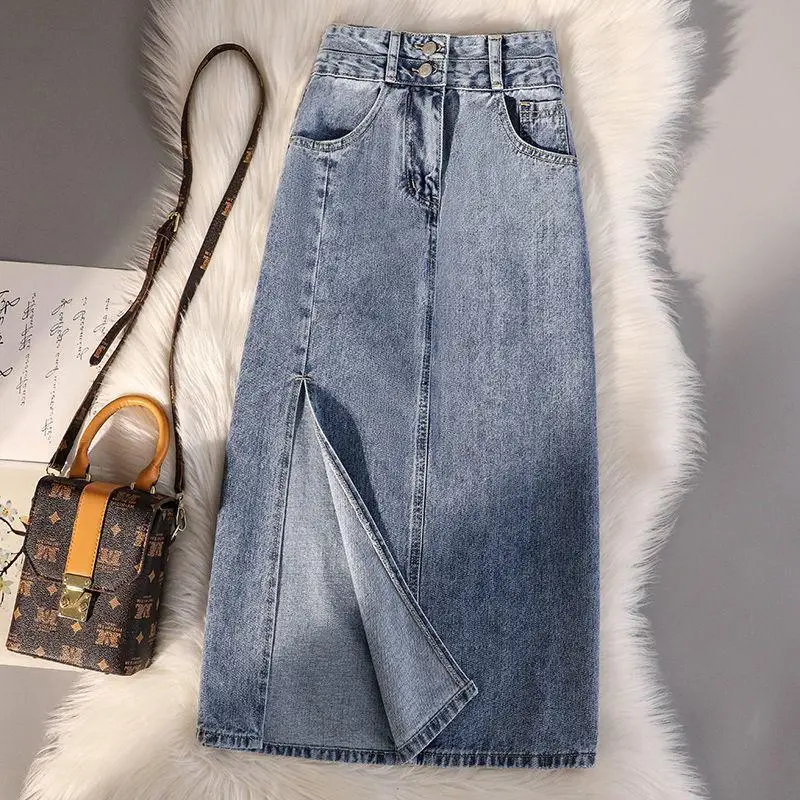 Women Denim High Waist Slim Side Slit Skirt Large - Image 4