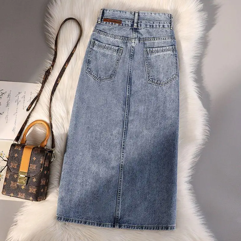 Women Denim High Waist Slim Side Slit Skirt Large - Image 5