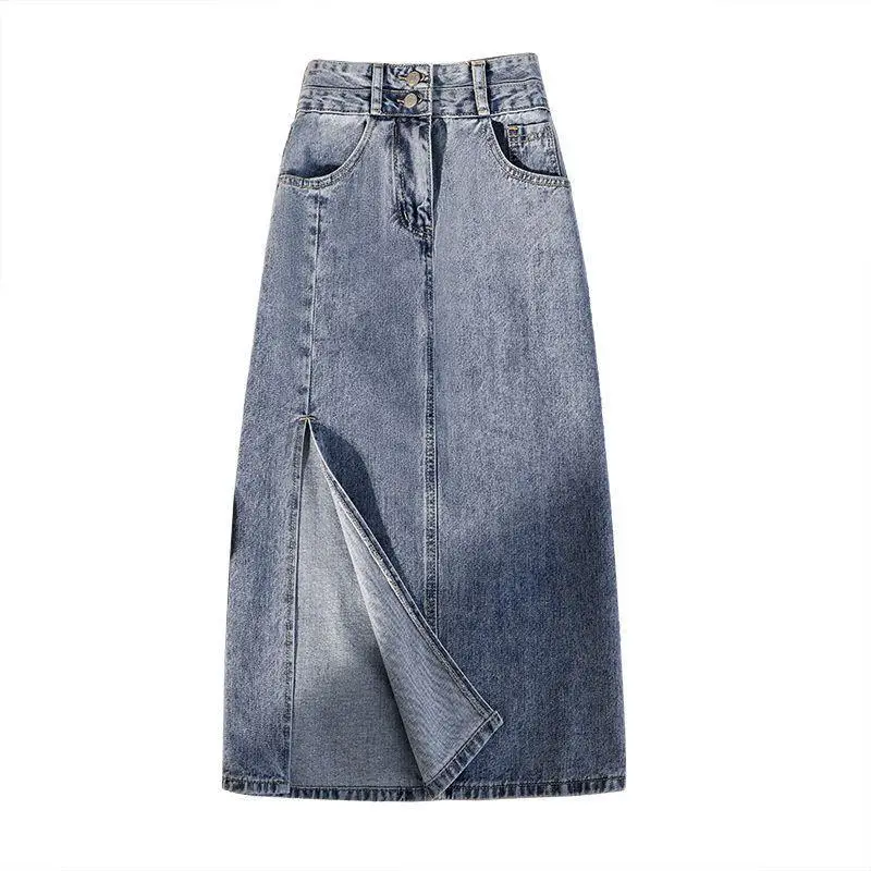 Women Denim High Waist Slim Side Slit Skirt Large - Image 6
