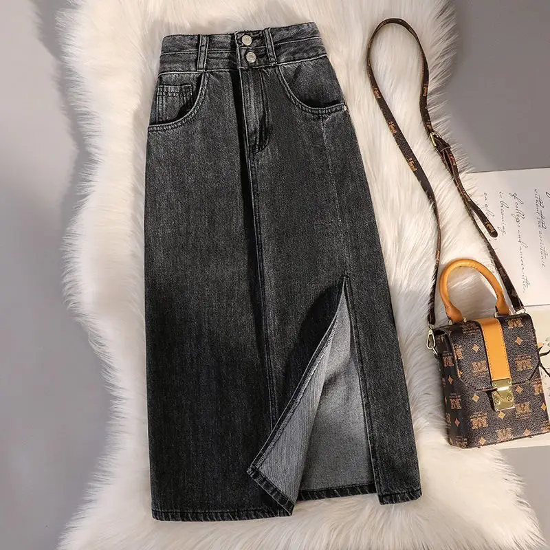 Women Denim High Waist Slim Side Slit Skirt Large — feature 3