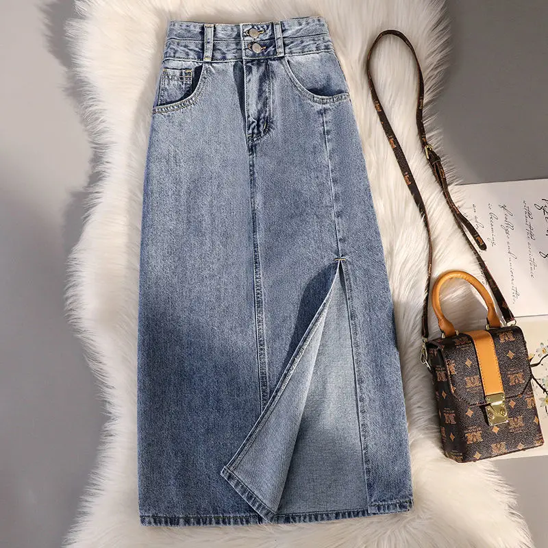 Women Denim High Waist Slim Side Slit Skirt Large — feature 5