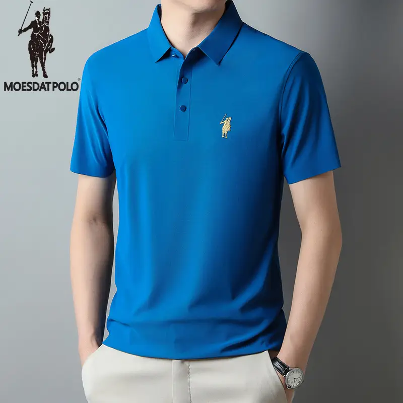 Men Ice Silk Polo Shirt Navy Blue Lapel Short Sleeve - Image 8