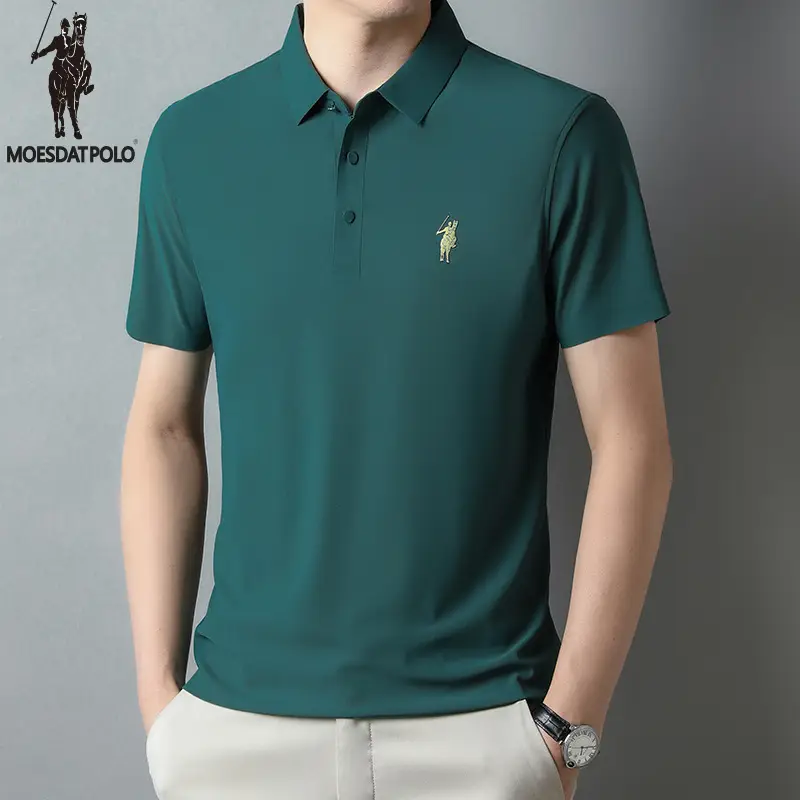 Men Ice Silk Polo Shirt Navy Blue Lapel Short Sleeve - Image 9