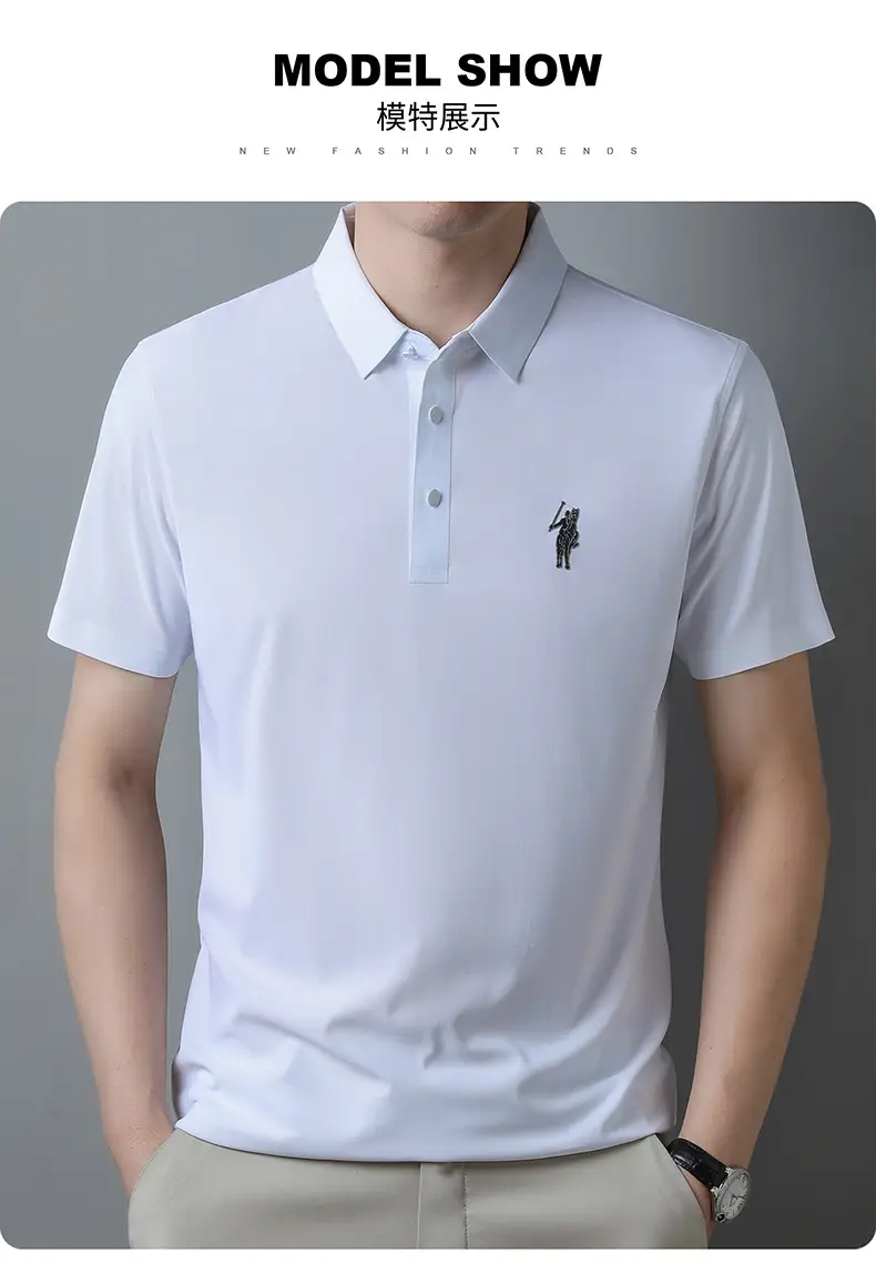 Men Ice Silk Polo Shirt Navy Blue Lapel Short Sleeve — feature 13