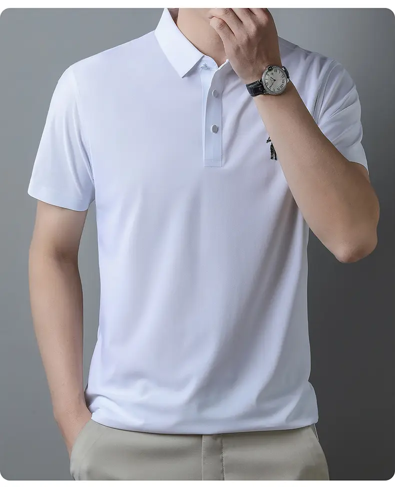 Men Ice Silk Polo Shirt Navy Blue Lapel Short Sleeve — feature 14