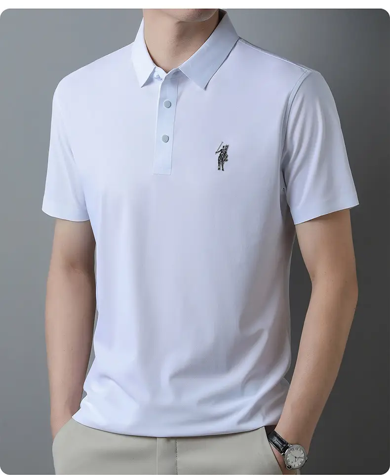 Men Ice Silk Polo Shirt Navy Blue Lapel Short Sleeve — feature 15