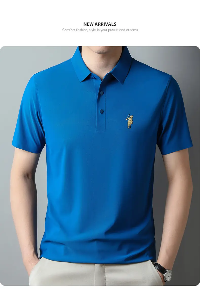 Men Ice Silk Polo Shirt Navy Blue Lapel Short Sleeve — feature 16