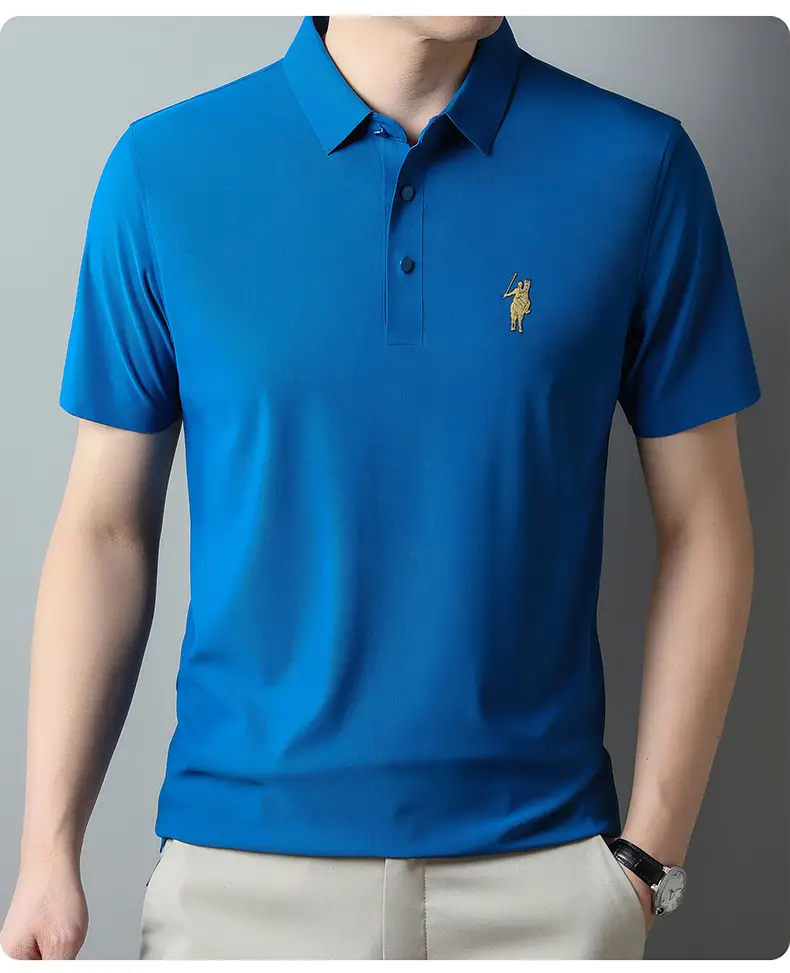 Men Ice Silk Polo Shirt Navy Blue Lapel Short Sleeve — feature 17