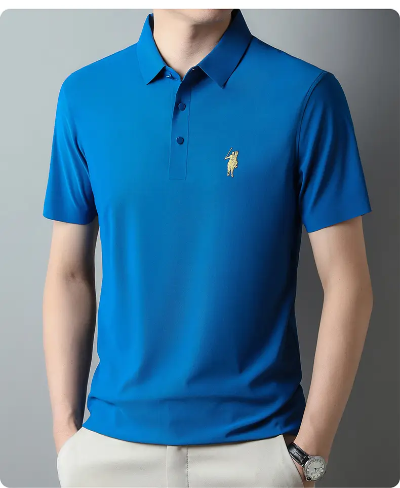 Men Ice Silk Polo Shirt Navy Blue Lapel Short Sleeve — feature 18