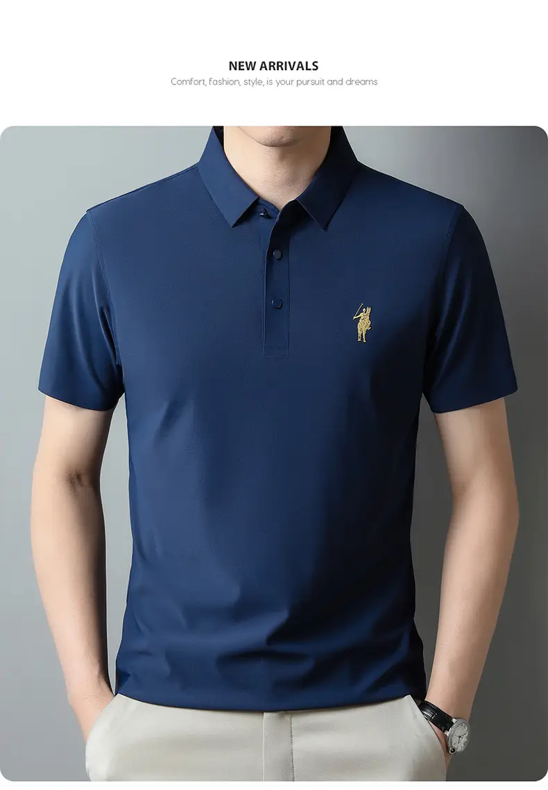 Men Ice Silk Polo Shirt Navy Blue Lapel Short Sleeve — feature 19