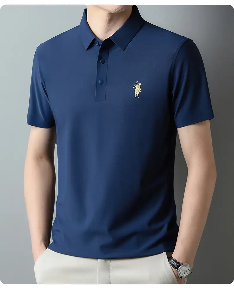 Men Ice Silk Polo Shirt Navy Blue Lapel Short Sleeve — feature 20