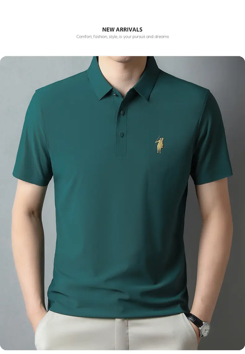 Men Ice Silk Polo Shirt Navy Blue Lapel Short Sleeve — feature 22